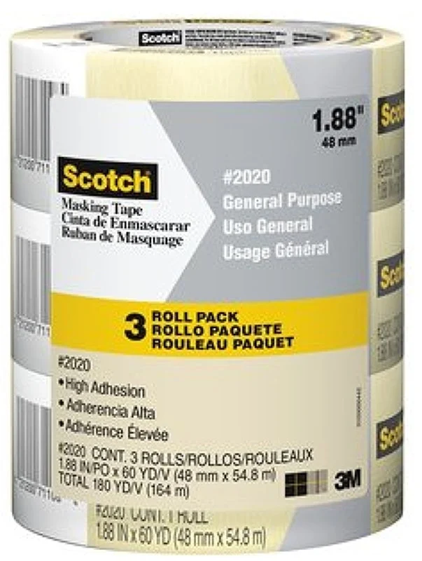 Scotch 2020-48ECP Masking Tape, 60 yd L, 1.89 in W, 0.13 mm Thick, Crepe Paper/Rubber Backing, Tan