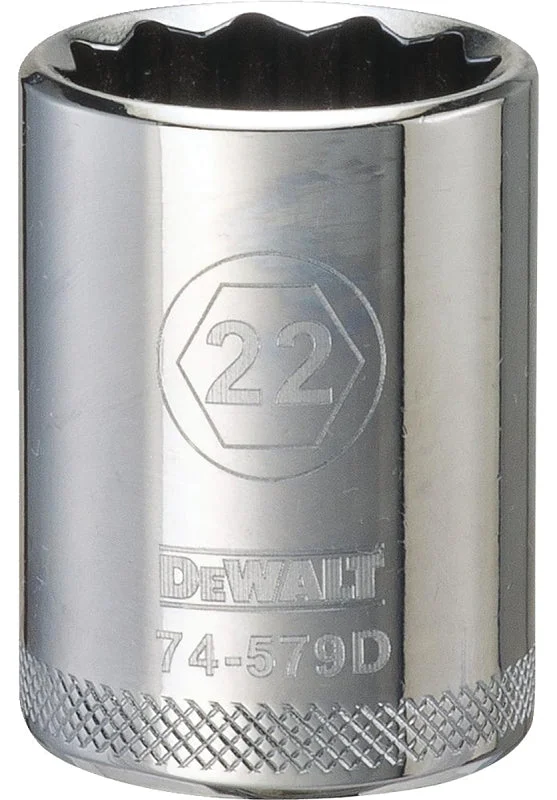 DEWALT DWMT74579OSP Drive Hand Socket, 22 mm Socket, 1/2 in Drive, 12-Point, Steel, Polished Chrome Vanadium
