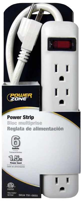 PowerZone OR801118 Power Outlet Strip, Straight Plug, 6-Socket, 15 A, 125 V