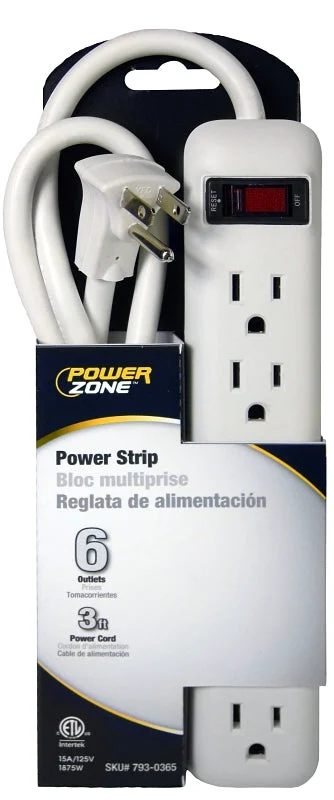 PowerZone OR801124 Power Outlet Strip, Straight Plug, 6-Socket, 15 A, 125 V