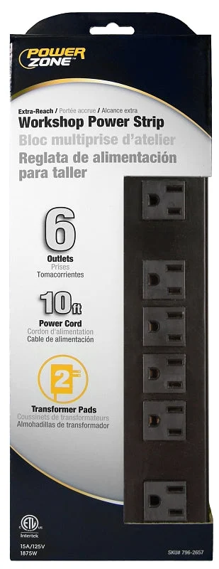 PowerZone OR801120 Power Outlet Strip, 6-Socket, 15 A, 125 V