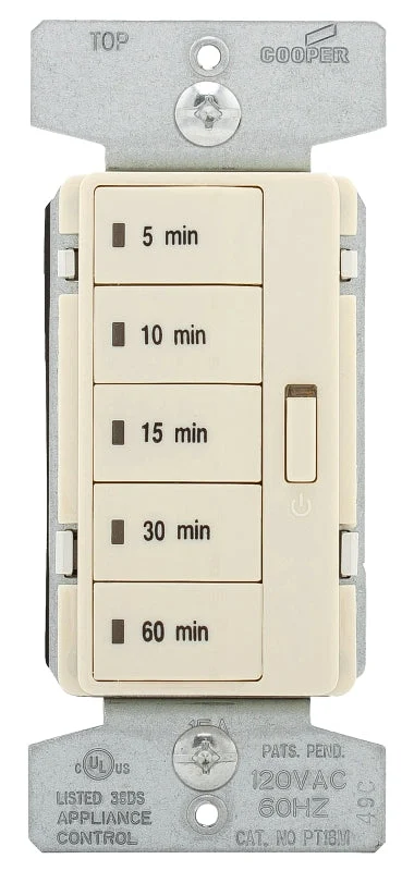 Eaton Wiring Devices PT18M-LA-K Programmable Minute Timer, 15 A, 120 V, 1800 W, 5 to 60 min Time Setting, Light Almond