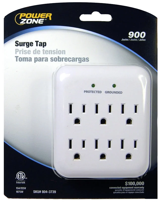 PowerZone OR802115 Surge Protector Tap, 125 V, 15 A, 6-Outlet, 900 J Energy, White