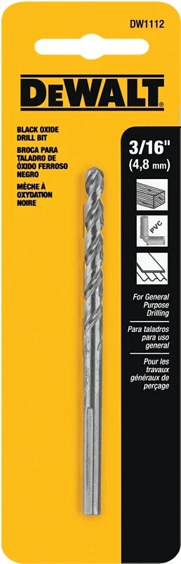 DEWALT DW1112 Jobber Drill Bit, 3/16 in Dia, 3-1/2 in OAL, Parabolic Flute, 3/16 in Dia Shank, Round Shank, Pack of 5