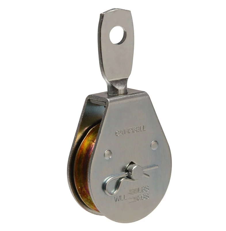 Campbell T7550303 Pulley, Single Sheave, 3/8 in Rope, 550 lb Working Load, 2-1/2 in Sheave, Zinc