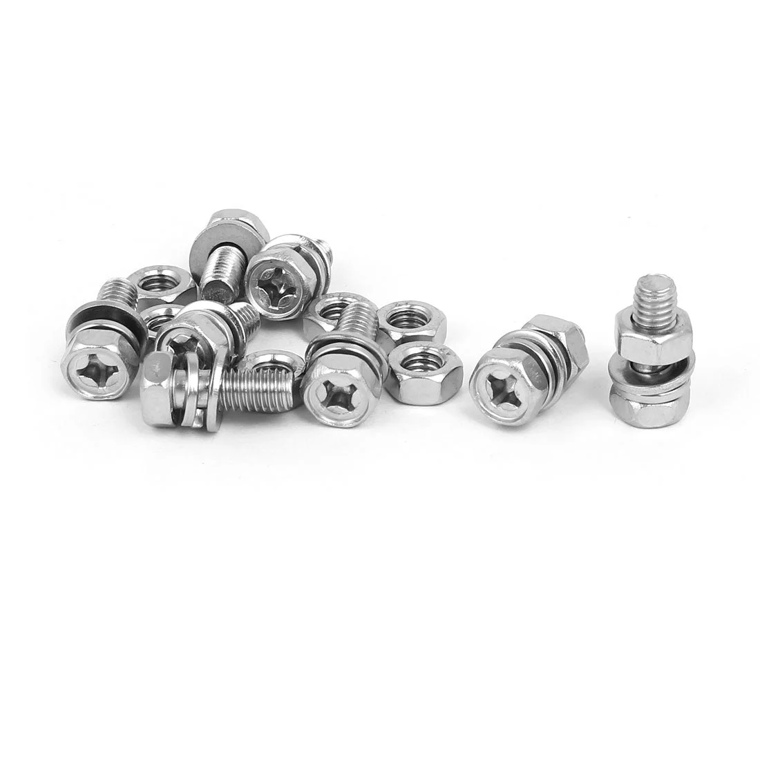 M6 x 16mm 304 Stainless Steel Phillips Hex Head Bolts Nuts w Washers 8 Sets