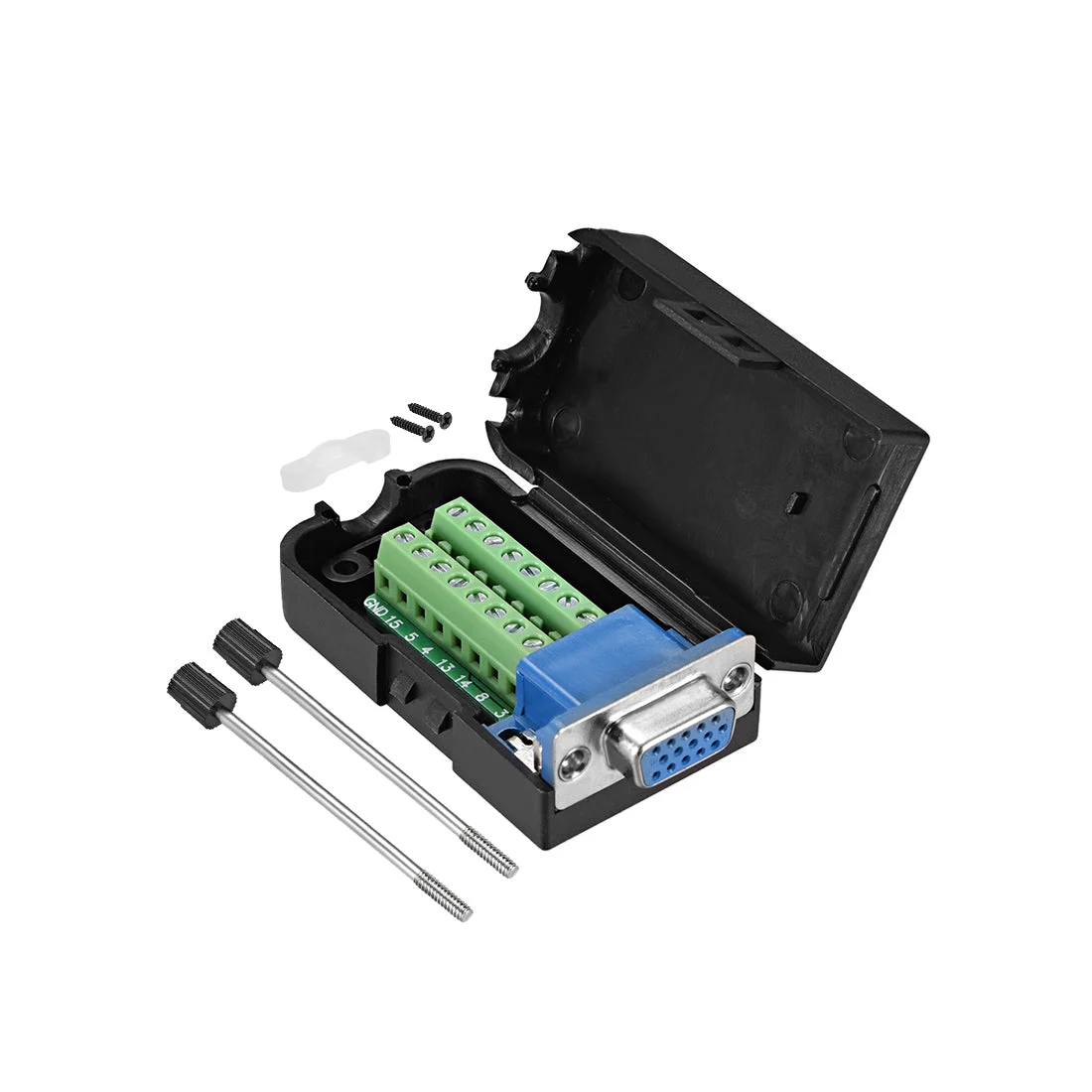 D-sub DB15 Breakout Board Connector with Case 15 Pin 3-row Female Port Solderless Terminal Block Adapter with Thumb Screws