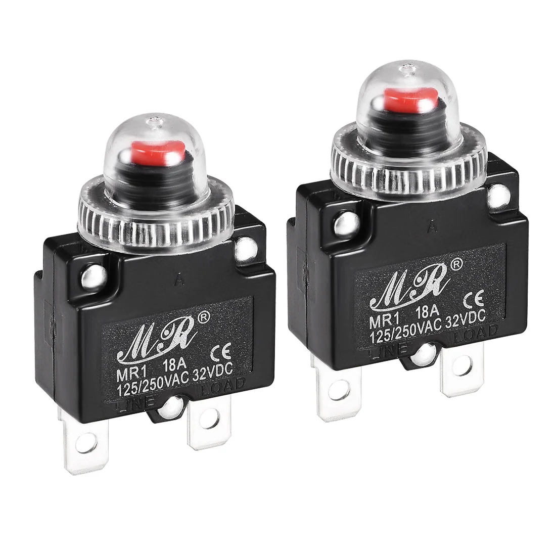 Thermal Circuit Breakers 18A 125/250V AC 32V DC Push Button Reset Overload Protector Switch with Waterproof Cap 2 Pcs
