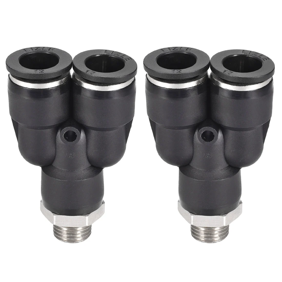 Push To Connect Air Fittings Y Type Tube Connect 12mm OD x 1/4PT Male Thread Tube Fittings Push Lock Black 2Pcs